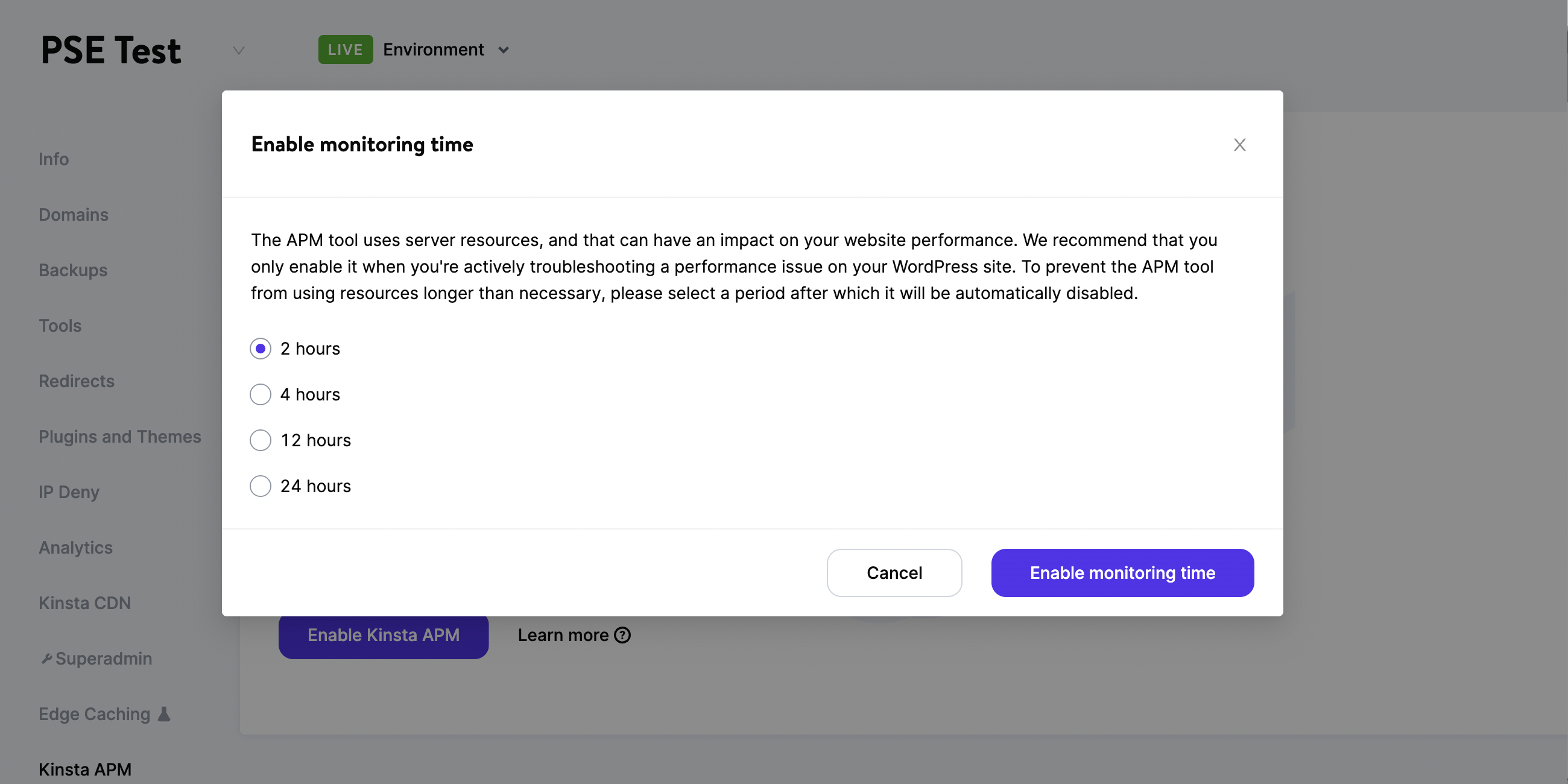 enabling the kinsta apm