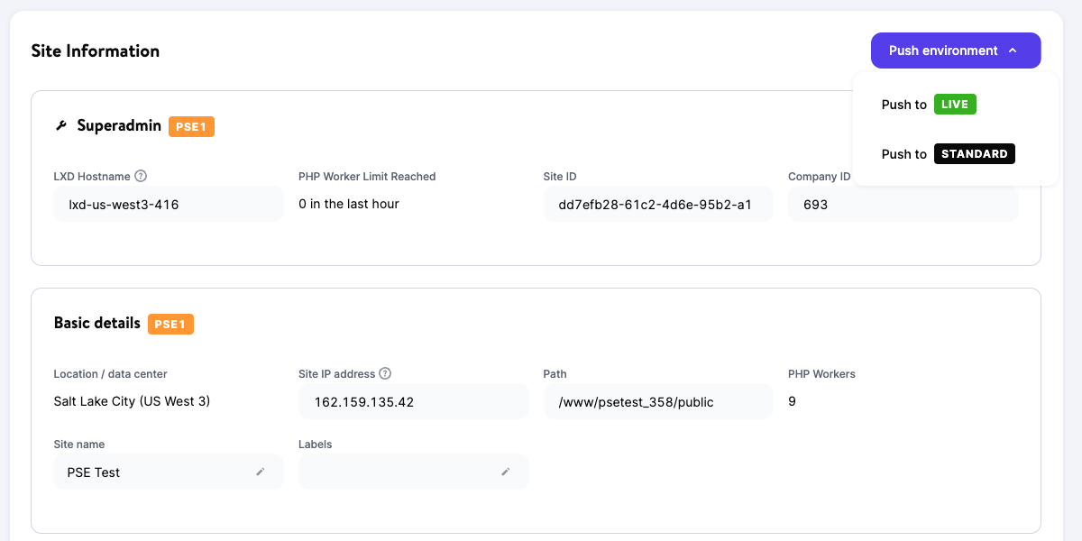 push environment dropdown menu
