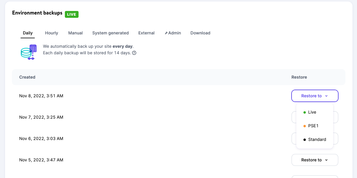 restore backup to environment